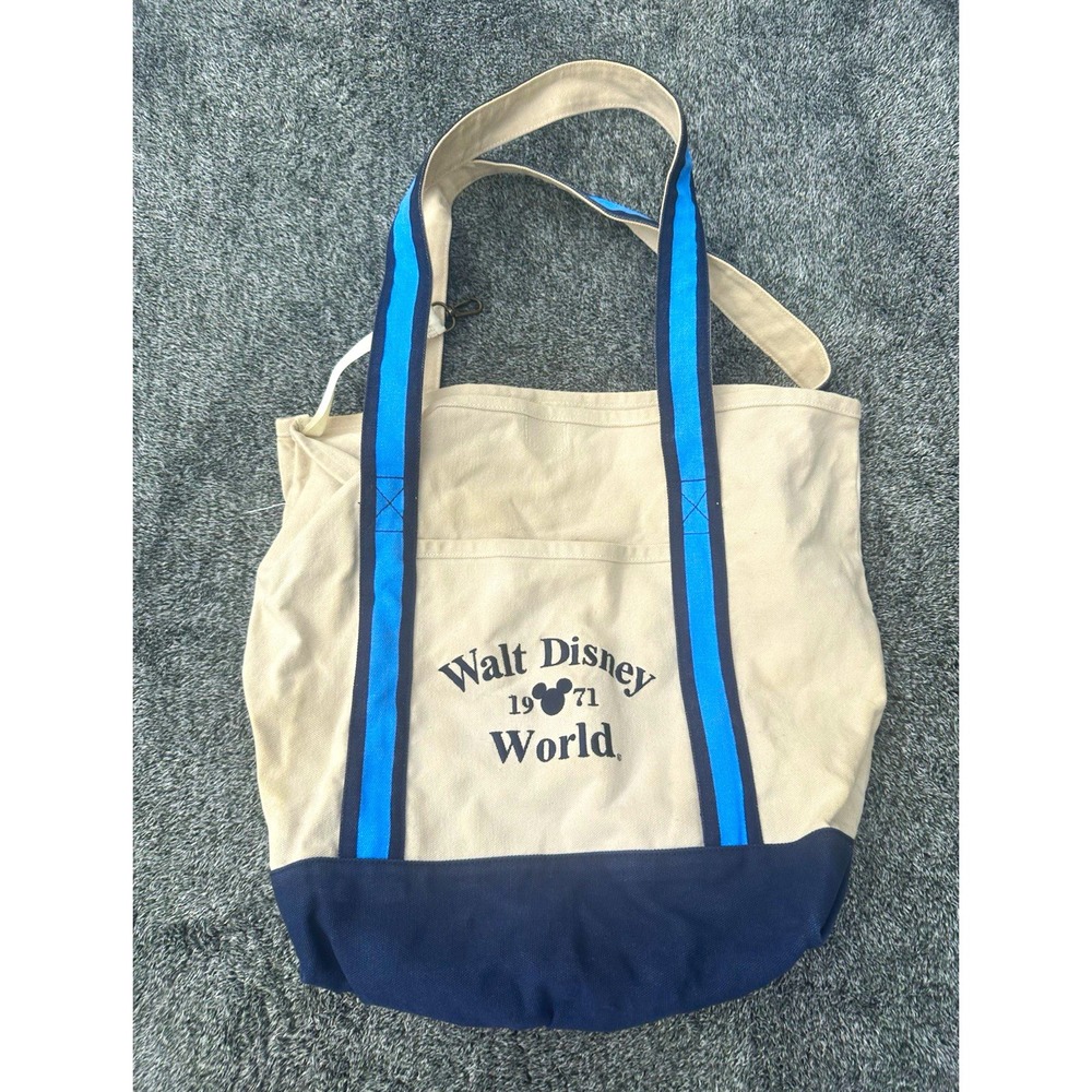Disney Parks Walt Disney World 1971 Canvas Tote Bag Mickey Beige Blue Shoulder